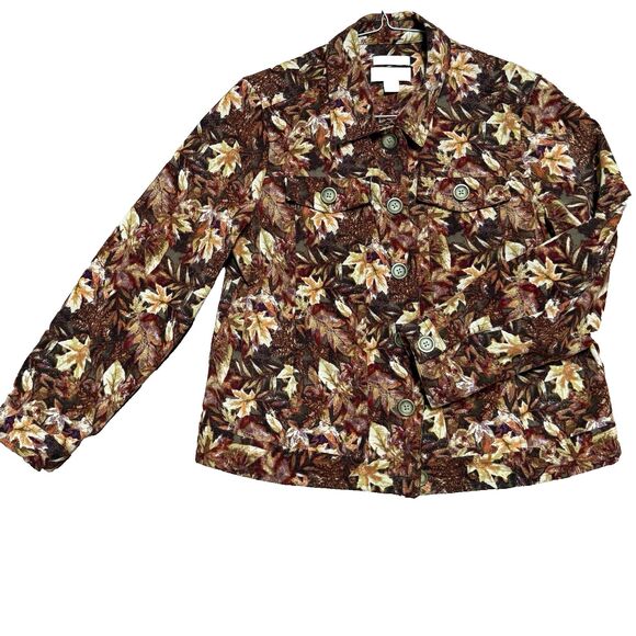 AUTUM LEAVES CHRISTOPHER BANKS Faux Suede JEAN JACKET Stretch Brown Orange PM - Picture 2 of 7